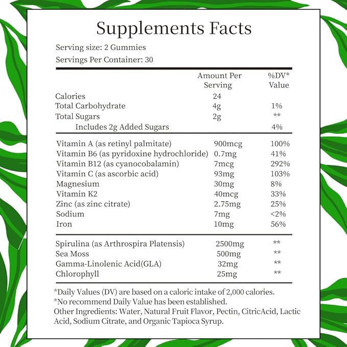 Spirulina Gummies, Organic Spirulina 2500mg Enhanced Daily Energy - Your Daily Super Greens with Sea Moss, Chlorophyll, GLA, Non-GMO, Gluten Free, 60 Vegan Gummies
