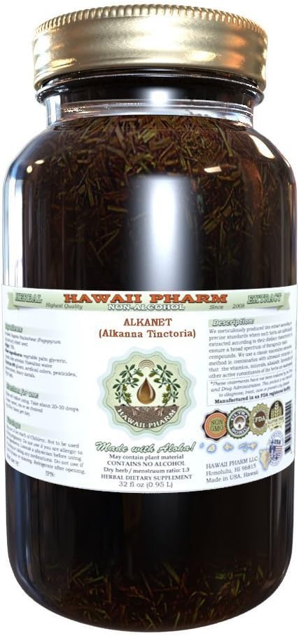 Alkanet Alcohol-Free Liquid Extract, Alkanet (Alkanna Tinctoria) Dried Root Glycerite Hawaii Pharm Natural Herbal Supplement 32 oz Unfiltered