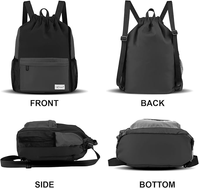 Drawstring Backpack with Mesh Pockets String Gym Bag Sackpack Sandproof Water Resistant Beach Backpack for Men Women