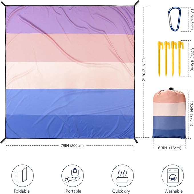 Beach Blanket Waterproof Sandproof Beach Mat 79" X 83" /10'x9'for 2-8 Adults Quick Drying Outdoor Picnic Mat Beach Accessories for Travel, Camping, Hiking