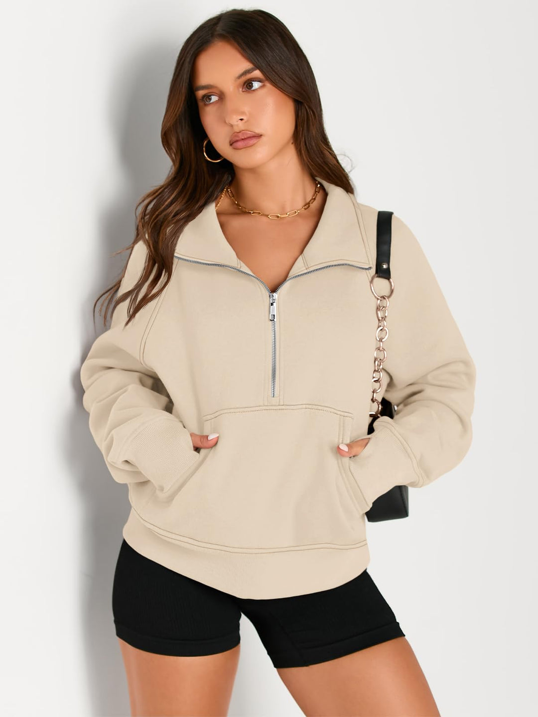 AUTOMET Womens Sweatshirts Long Sleeve Tops Hoodies Shirts Half Zip Pullover Cropped Oversized 2024 Fall Fashion Outfits Sweaters Apricot