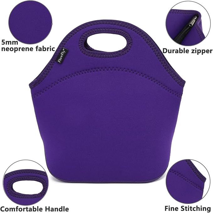 FlowFly Neoprene Kids Lunch box Insulated Soft Bag Mini Cooler Thermal Meal Tote Kit for Boys, Girls,Men,Women,School,Work, Office, Purple