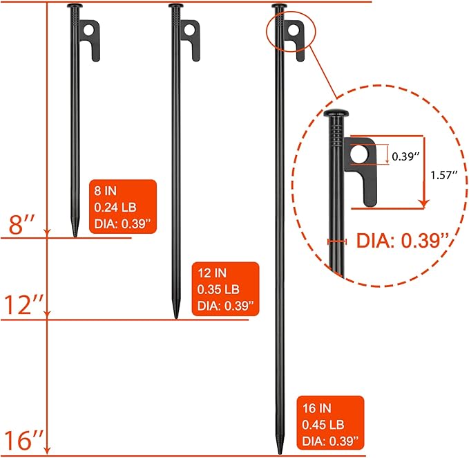 16 Pack Tent Stakes Heavy Duty Metal Tent Pegs for Camping Steel Tent Stakes 16 inch Unbreakable and Inflexible