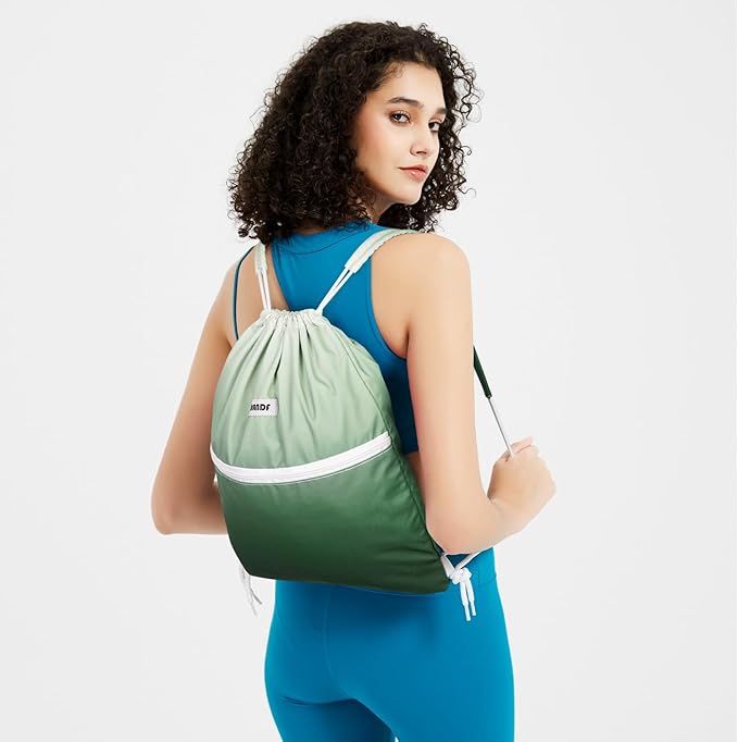 WANDF Drawstring Backpack Sports Gym Bag with Shoulder Pads Water Resistant String Cinch Bag for Women Men (Green Gradient)