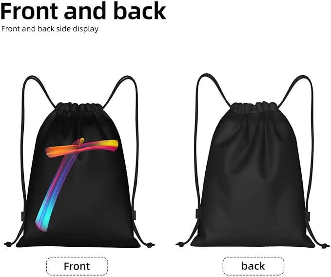 Drawstring Bags Initial Drawstring Backpack Sackpack Black Draw String Cinch Bags for Sports, Gym, Travel, Swimming, Beach, Camping, Rainbow Letter T