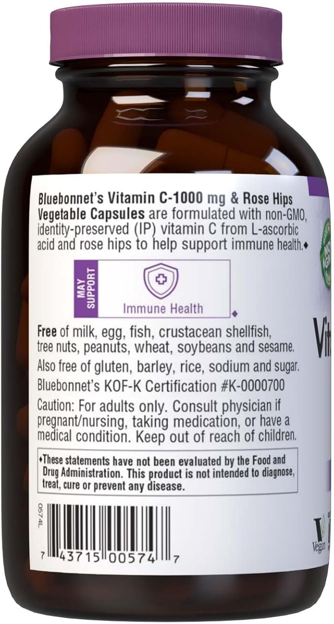 Bluebonnet Nutrition Vitamin C-1000 mg Plus Rose HIPS Vegetable Capules, for Immune Health, for Antioxidant Protection, Soy Free, Gluten Free, Non-GMO, Kosher, Dairy Free, Vegan, 90 Count