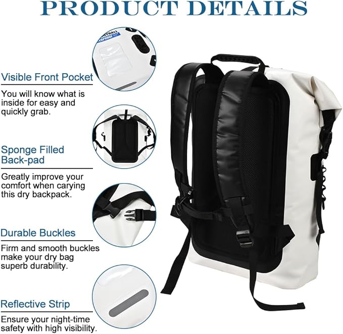 Blueshyhall 35L Waterproof Dry Backpack, Outdoor Travel Roll Top Closure Water Repellent Duffle Storage Sack for Kayaking Rafting Boating Fishing Camping and Beach - White