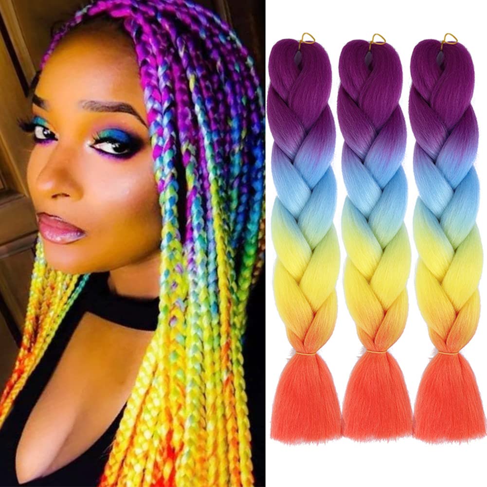 Afnote Ombre Rainbow Braiding Hair Extensions 24 Inch 3 Packs Synthetic High Temperature Jumbo Braiding Hair Twist Crochet Braid