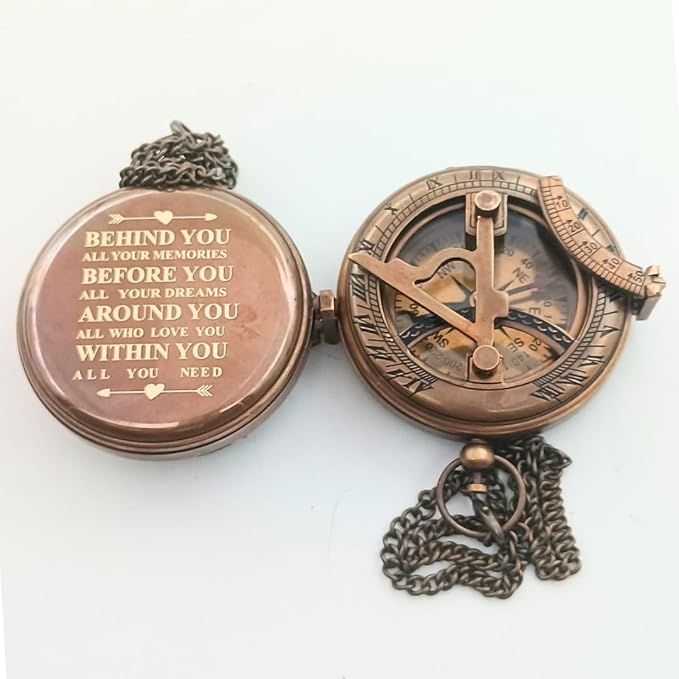 Behinde You Engraved Sundial Compass with Leather case. We Walk by Faith Not by Sight Corinthians 5:7 Compass. Personalized Brass Pocket Compass Gifts for Men, Him, Son
