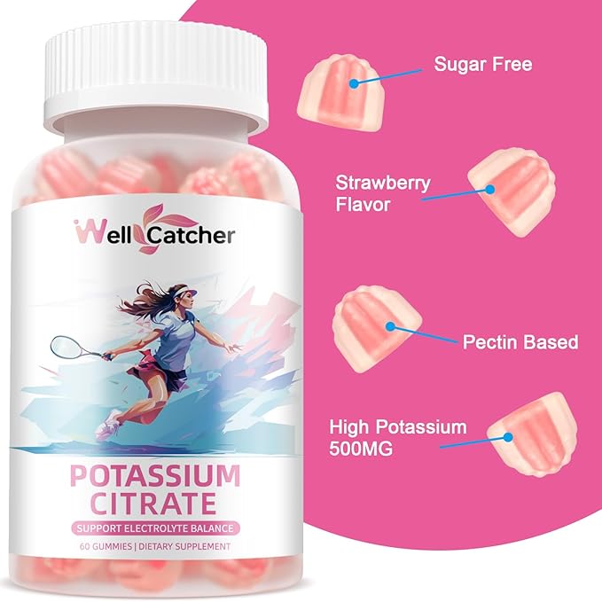 Potassium Gummies Supplement Men Women - High Potassium Citrate Gummies Sugar Free for Adults Kids Support Leg Cramps Electrolyte Balance Vegan Non-GMO Organic Strawberry Flavor 60 Counts