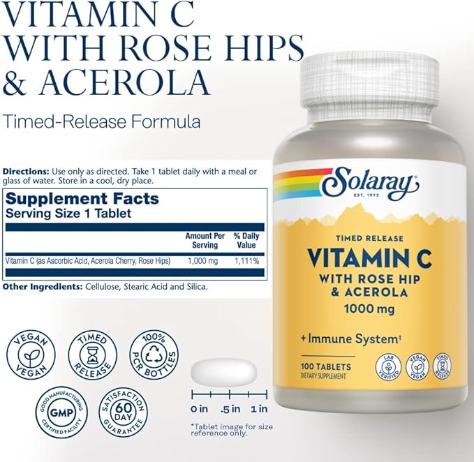 SOLARAY Vitamin C 1000mg Timed Release Capsules with Rose HIPS & Acerola Bioflavonoids, Two-Stage for High Absorption & All Day Immune Function Support, 60 Day Guarantee (100 Servings, 100 Tablets)