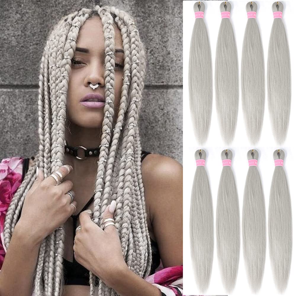 Aqinbel Braiding Hair 8 Bundles/Pack Silver Braiding Hair 26'' Braiding Hair Pre Stretched Itch Free Crochet Twist Braids Hair Y