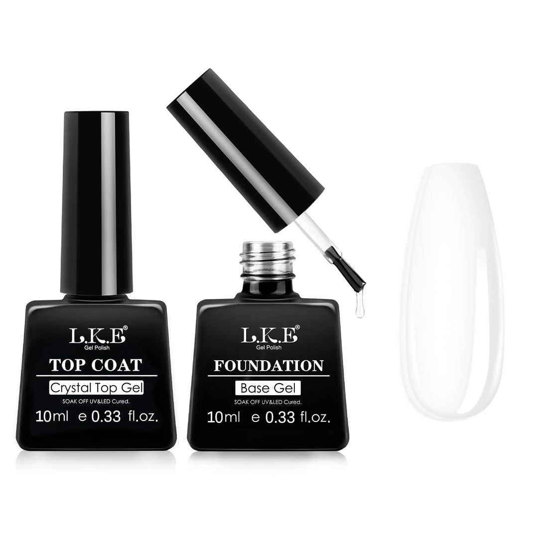 LKE No Wipe Gel Top and Base Coat Set, 2 Pcs Clear Shine Finish Long Lasting Glossy Gel Base Top Coat for Gel Nail Polish Soak Off U V/LED Nail Lamp Nail Art Design Manicure for Home DIY & Salon