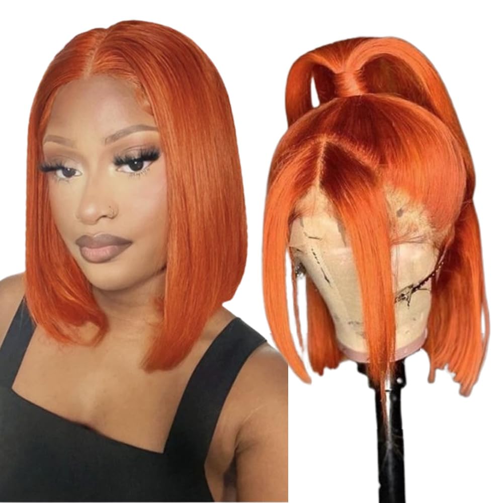 250% Density Ginger Bob Wigs Human Hair 10 Inch 13X4 Orange Lace Front Wig Human Hair Glueless Ginger Wig Human Hair #350 Straig