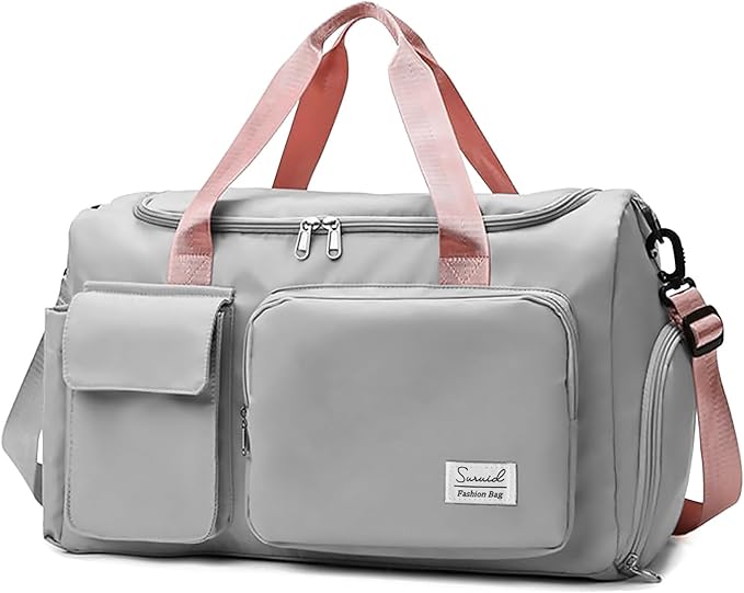 Travel Duffel Bag with Shoes Compartment Sports Gym Bag with Dry Wet Separated Pocket for Men and Women, Overnight Bag Weekender Bag Training Handbag Yoga Bag - Gray Pink
