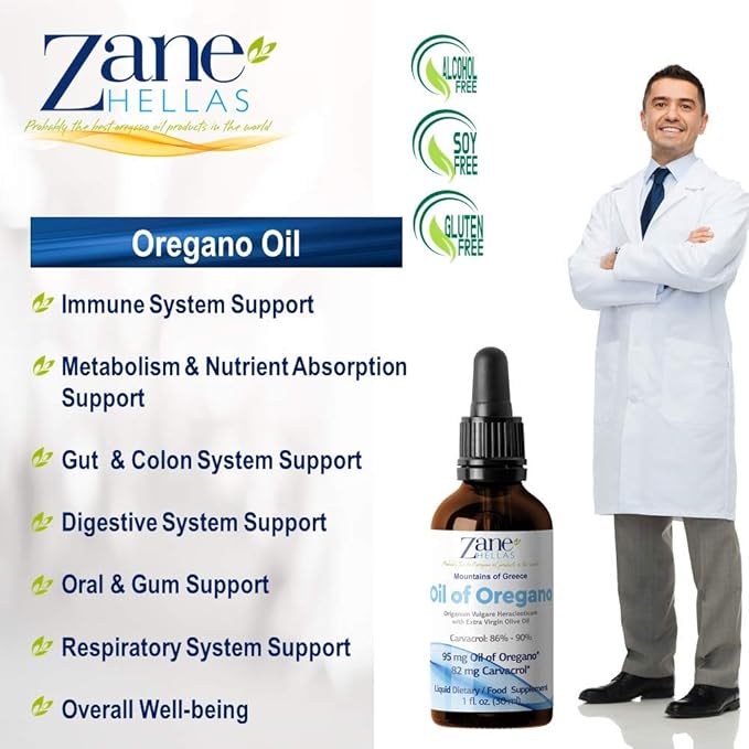 Zane Hellas 50% Oregano Oil. Greek Essential Oil of Oregano .86% Min Carvacrol. 82mg Carvacrol Per Serving. Probably The Best Oregano Oil in The World. 1 fl. oz.- 30ml
