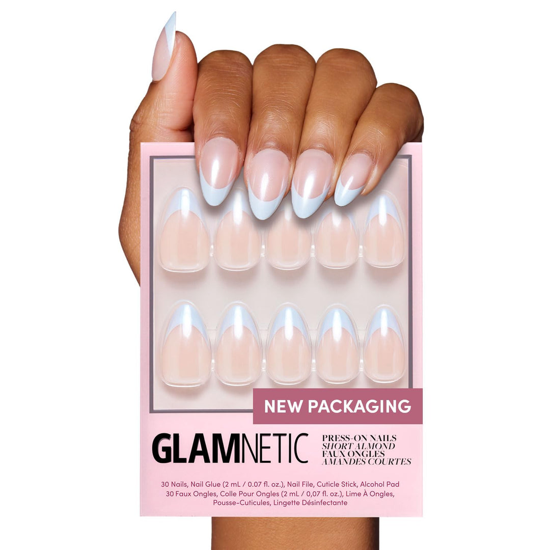 Glamnetic Press On Nails - Blueberry Icing | Short Almond Baby Blue French Tip Nails With A Glaze Finish | 15 Sizes - 30 Nail Ki