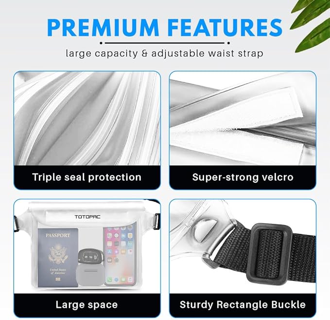 2-Pack Waterproof Fanny Pack, Phone Pouch with Waist Strap, 9x6.7 Inch Dry Bag for Phone, Cash, and Valuables – for Swimming, Kayaking, Boating, Snorkeling, and Water Sports (2, Black + White)