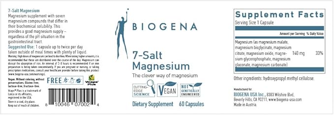 Biogena 7-Salt Magnesium Complex - Magnesium Supplement with 7 Magnesium Forms - bisglycinate, Malate, Citrate, Oxide, glycerophosphate, gluconate and Carbonate I High Absorption