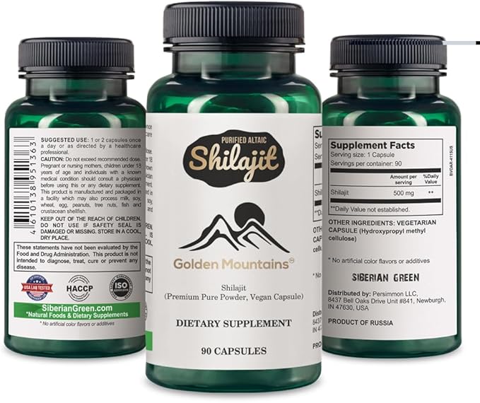 Golden Mountains Shilajit Vegan Capsule 500mg Pure Altai 90 Count Premium Trace Minerals
