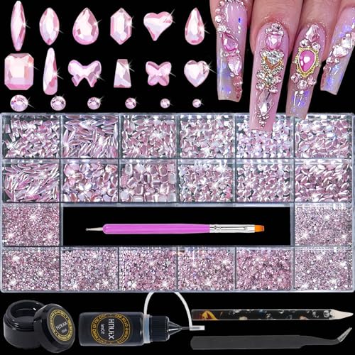 HNUIX Nail Rhinestones - 4550pcs Light Pink, Multiple Shape Gems, Flatback Crystal Rhinestones for Nails Decor Designs Kits