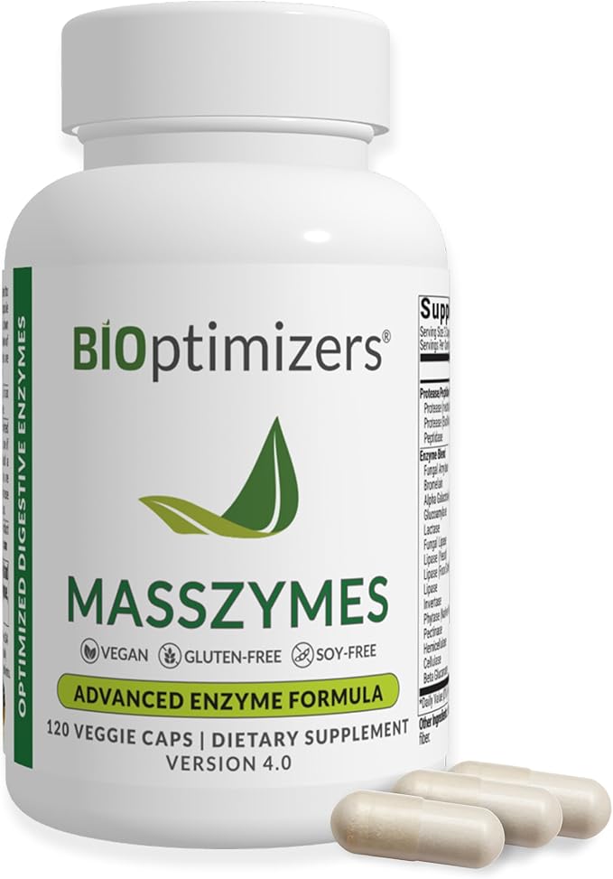 BIOptimizers MassZymes Digestive Enzymes Supplement – Max Nutrient Absorption, Boost Energy, Reduce Bloating – Health Vegan Dairy-Free – Muscle Recovery, Gut Health & Clarity - 100,000 Units 120 Caps
