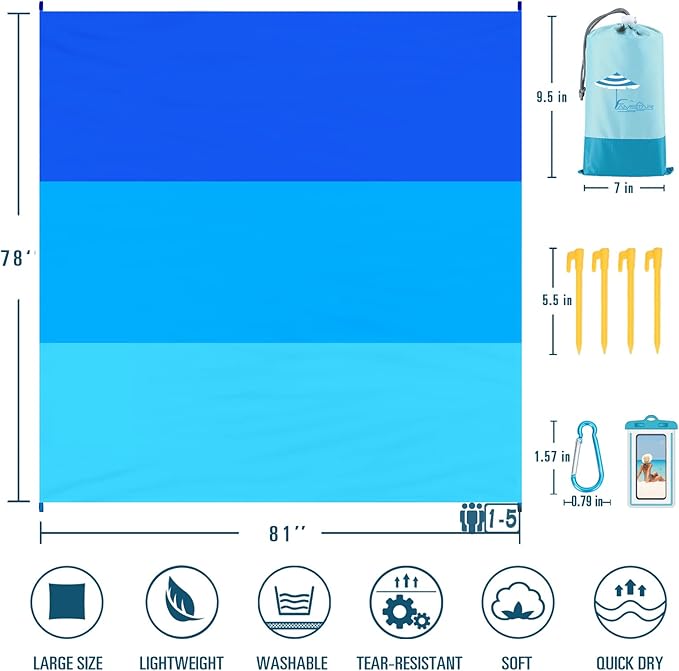 Beach Blanket Sandproof Waterproof 78''×81''1-5 Adults Oversized,Compact Lightweight Durable Beach Mat for Travel Camping Hiking Picnic Blanket