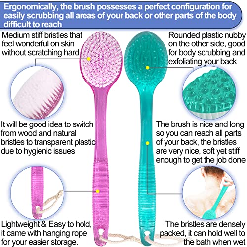 Back Brush for Shower, 14-inch Long Handle Medium Stiff Bristles Bath Scrubber for Men Women Body Exfoliating and Brushing - 2 Packs Pink+Blue