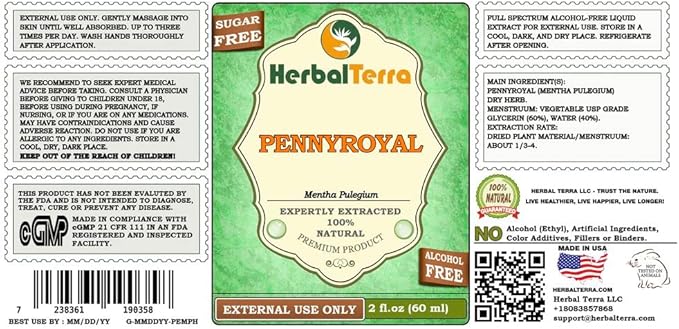 Pennyroyal (Mentha Pulegium) Glycerite, Organic Dried Herb Alcohol-Free Liquid Extract 2 oz