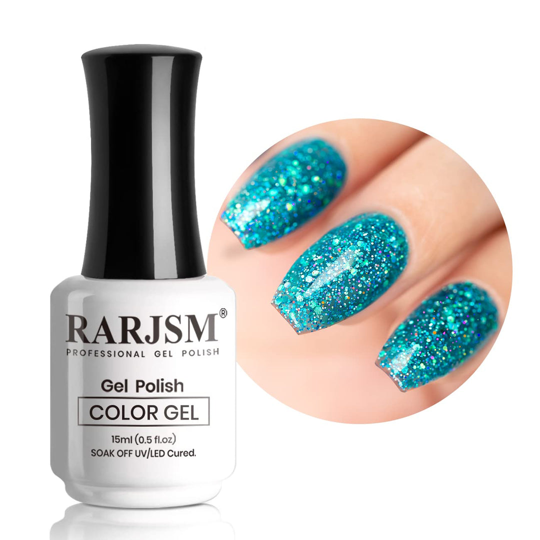 Rarjsm Glitter Gel Nail Polish Lake Blue Sparkly Iridescent Rainbow Mermaid Blue Shimmer Holographic Nail Gel Polish Soak Off Le