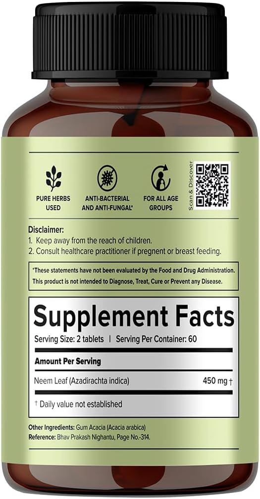 Ayurveda Neem Tablets 100% Natural Ayurvedic Herbal Supplement Veg Tablets - 120 Tablets (Pack of 2)
