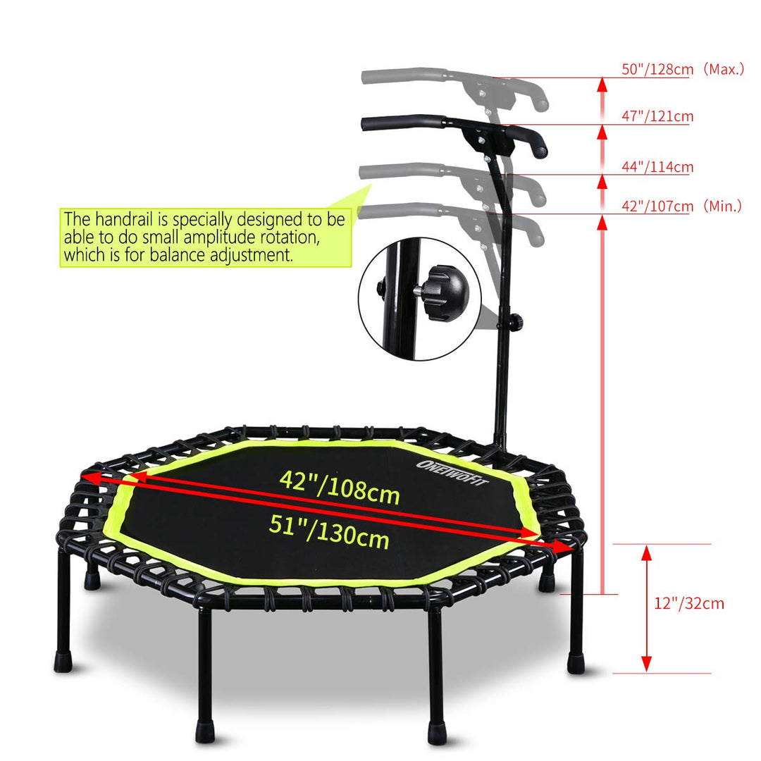 ONETWOFIT 51" Silent Trampoline with Adjustable Handle Bar, Fitness Trampoline Bungee Rebounder Jumping Cardio Trainer Workout for Adults…
