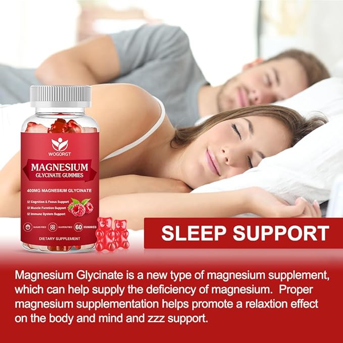 Magnesium Glycinate Gummies - 400mg Magnesium Glycinate Gummies with Vitamin D, B6, and CoQ10, Magnesium Supplement for Relaxation and Cognition, Sugar Free - 60 Raspberry Gummies (2 Pack)