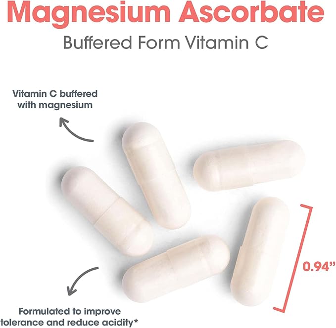 Allergy Research Group Magnesium Ascorbate Supplement - 1000mg Buffered Vitamin C, Immune Support, Magnesium Powder, Vegetarian Capsules - 100 Count