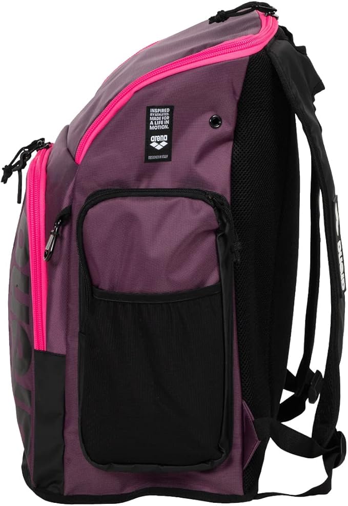 Arena Spiky III Backpack 45 Swimming Athlete Sports Gym Rucksack Large Training Gear Equipment Swim Bag for Men and Women, 45 Liters, Plum/Neon Pink