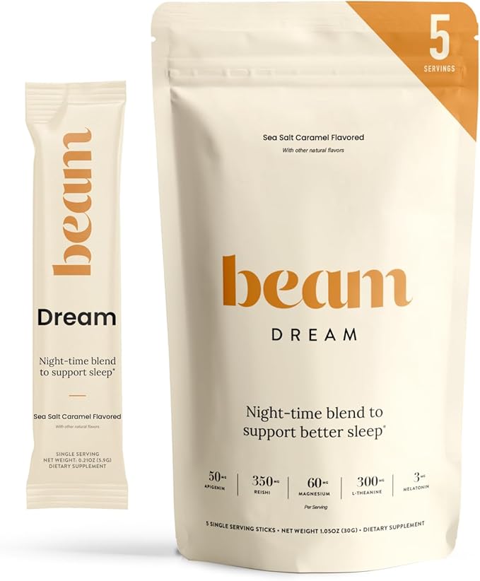 Beam Dream Sleep Powder, Sleep Aid, Sleep Aids for Adults, Contains Magnesium, Melatonin, L Theanine, Apigenin, Natural Sleep Supplement, Vegan, Non GMO, 3rd Party Tested, 5 Servings, Sea Salt Caramel