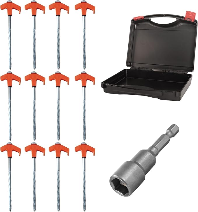 8" Screw in Tent Stakes - Ground Anchors Screw in, Screw in Tent Stakes Heavy Duty, Tent Pegs Camping Stakes, Metal Threaded Tent Spikes, Screw Tent Stakes with Hex Sleeves (12Pcs+Box Orange)