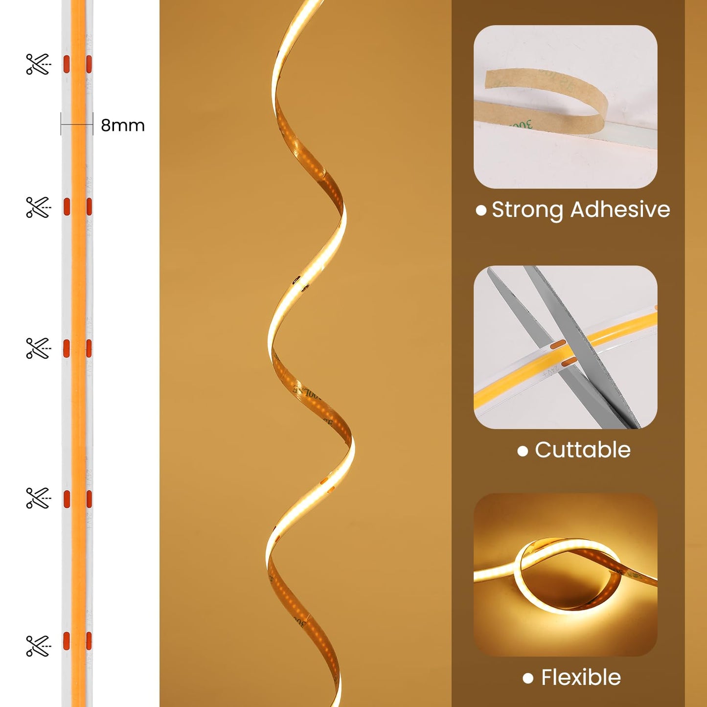 ACELUMO Dotless LED Strip 10m, COB LED Strip Warm White with Smart App Control and Remote, Timer Function, 8mm Width, Dimmable Strip Lights for Home Decoration, (3000K, 10m)