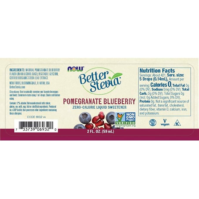 NOW Foods BetterStevia Pomegranate Berry Zero-Calorie Liquid Sweetener, Keto Friendly, Suitable for Diabetics, No Erythritol, 2-Ounce