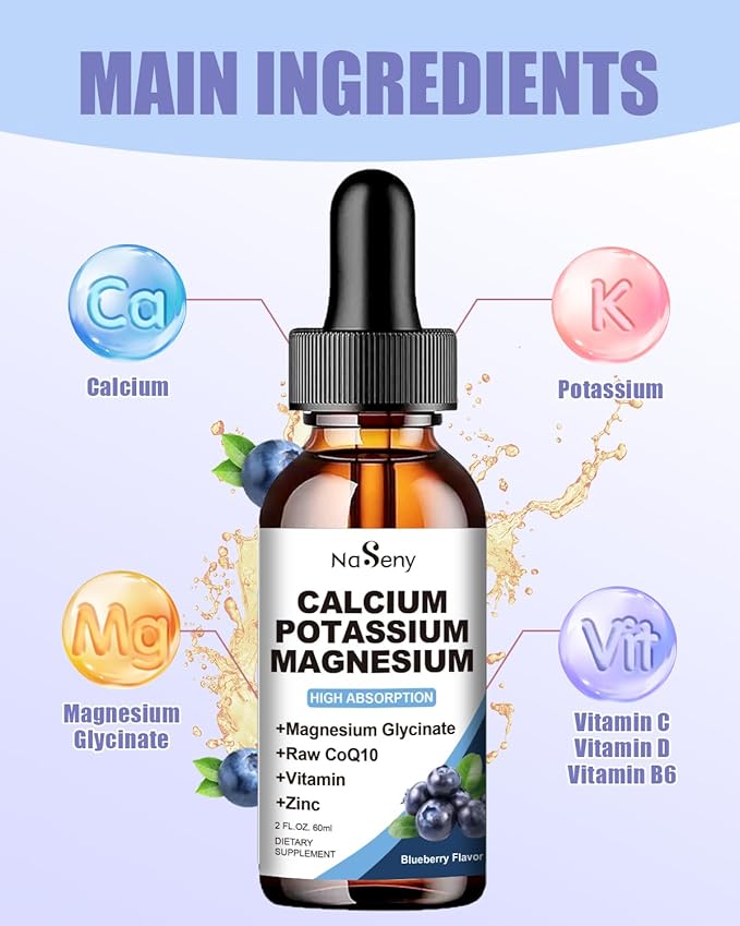 Calcium Potassium Magnesium Drops with Vitamin C,D,B6,400 mgMagnesium Drops for Overall Wellness-600mg Calcium, 1000mg Potassium(60ml)