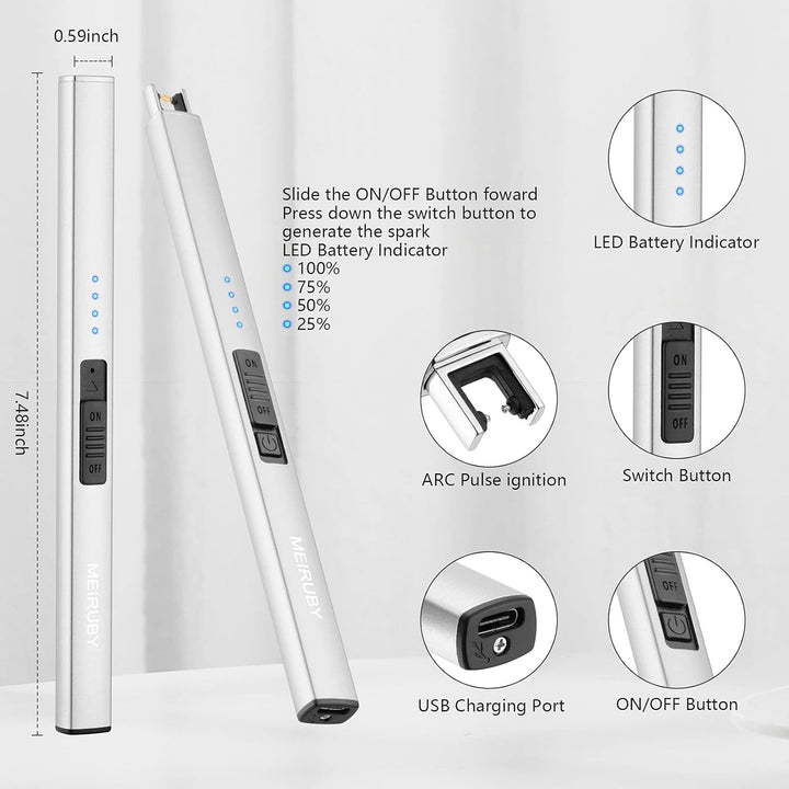 MEIRUBY 2 Pack Lighter Electric Candle Lighter Long Electronic Rechargeable USB Lighter Arc Windproof Flameless Lighters for Candle Camping BBQ Birthday Gifts for Women Mom Wife Men