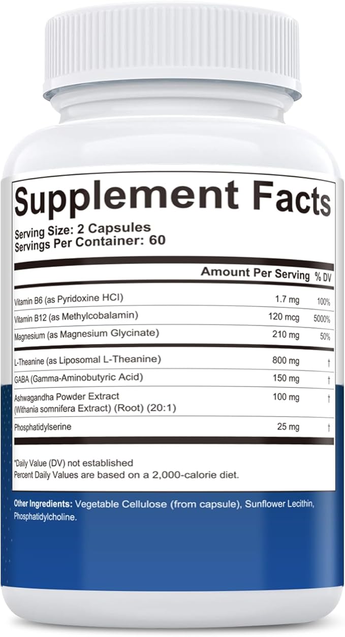 Liposomal L-Theanine 800mg with GABA, Magnesium, Ashwagandha, Phosphatidylserine, Vitamin B6 & B12 - Calm, Sleep, Relaxation & Mood Support for Women & Men, Vegan - 120 Capsules