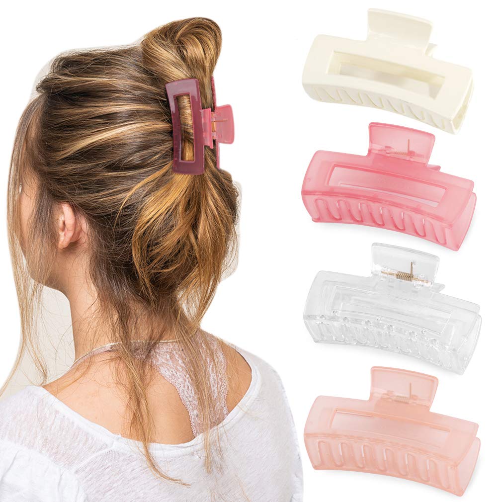 Canitor Hair Claw Clips 4 Pcs, Pink Hair Clips For Thin Hair Rectangular Acrylic Hair Clips Banana Hair Clips Non-Slip Clip Medi