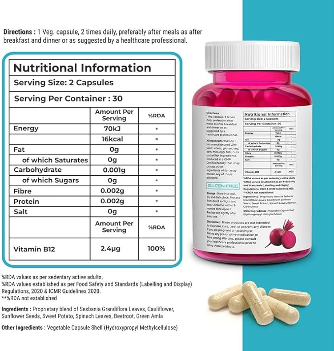 BIOVITALIA Vitamin B12 Capsules Methyl Cobalamin Supplement 1000mg Plant-Based Capsules - Support Nerve Function & Metabolism Enriched with Wheat Grass Spirulina Beetroot - 60 Vegan Caps