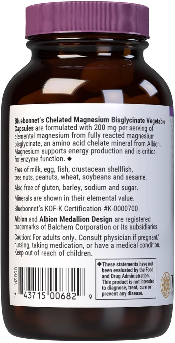 Bluebonnet Nutrition Albion Chelated Magnesium Vegetable Capsule, 200 mg, Stress Relief, Vegan, Non GMO, Gluten Free, Soy Free, Milk Free, Kosher, 60 Vegetable Capsule, 1 Month Supply