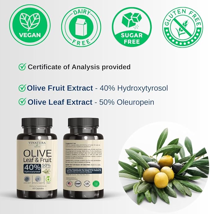 Olive Leaf Extract Hydroxytyrosol Supplement - 40% Hydroxytyrosol Olive Fruit Extract, 50% Oleuropein Olive Leaf Extract Capsules - 60 Capsules