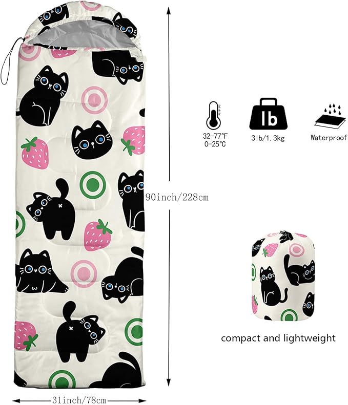 AILONEN Cartoon Fox Camping Sleeping Bag for Boys Girls Adults,Lightweight & Waterproof,3 Season Warm & Cold Weather,Portable,Kawaii Fox Printed Sleeping Bag,Traveling,Camping,Hiking