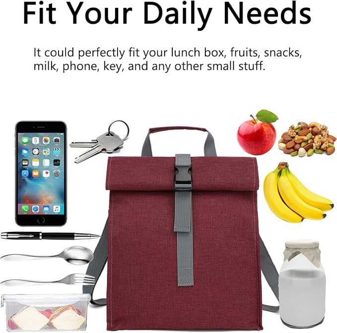 Insulated Lunch Bag for Men/Women/Kids, Roll top Reusable Lunch Box with Adjustable Shoulder Strap, Thermal Lunch Cooler Tote Container for Adults/Teens School Work Office Picnic,Red