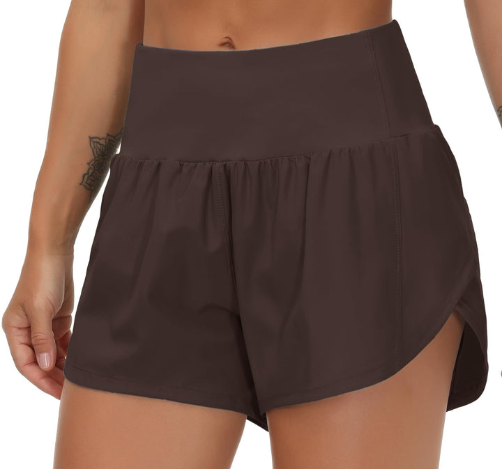 THE GYM PEOPLE Womens High Waisted Running Shorts Quick Dry Athletic Workout Shorts with Mesh Liner Zipper Pockets Brown
