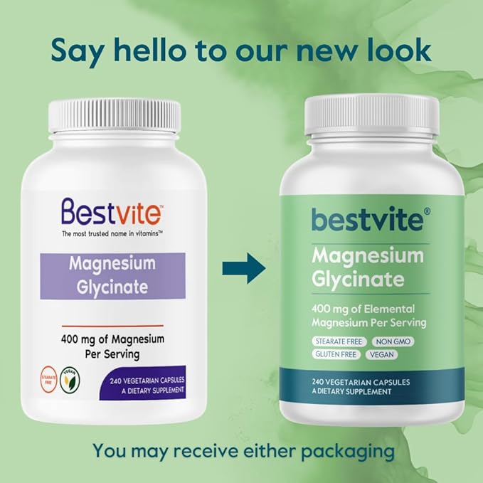 BESTVITE Magnesium Glycinate - 400mg of Magnesium per Serving (240 Vegetarian Capsules) - No Stearates - No Silicon Dioxide - Vegan - Non GMO - Gluten Free